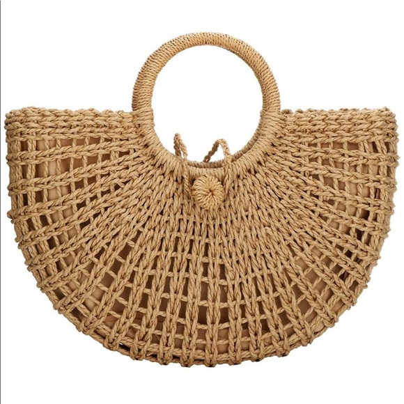 Chic Straw Beach Bag Hand Woven with Round Handle - Picture 2 of 3